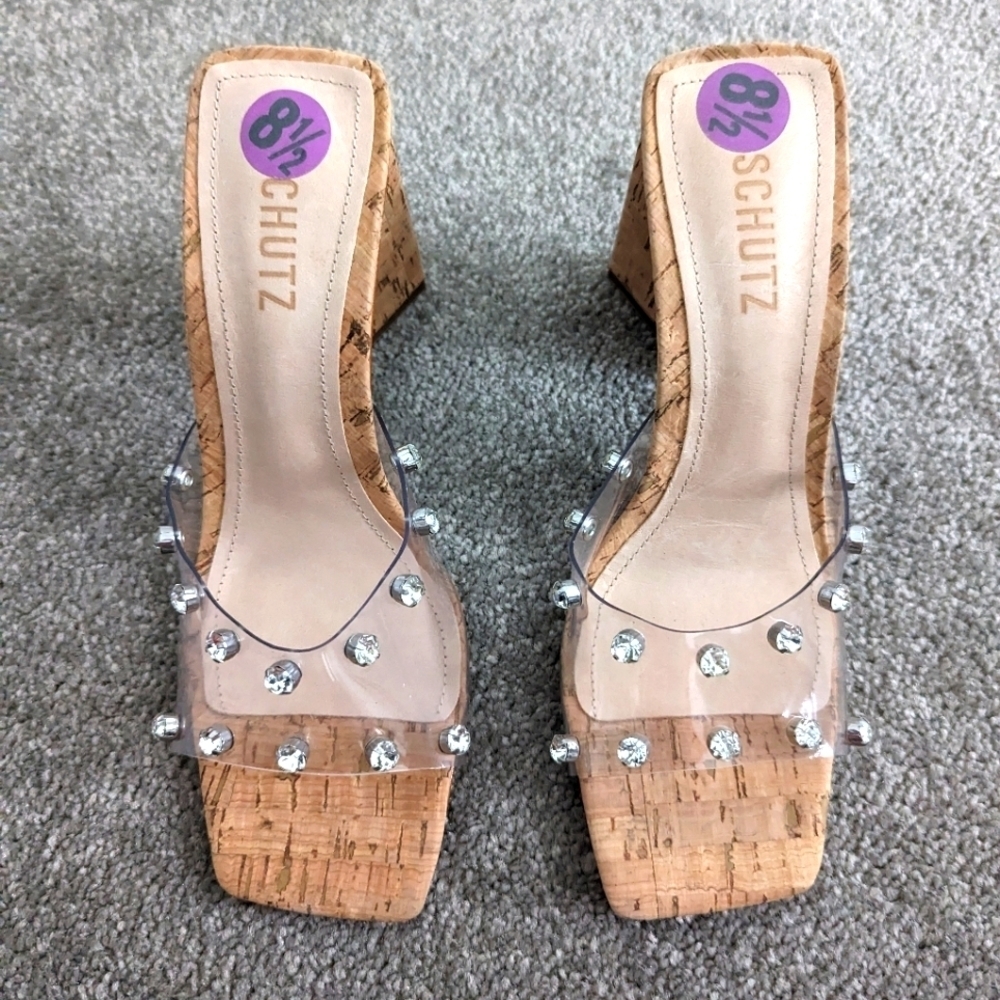 Schutz Lizah Cork Heeled Slides Slippers women's 8.5 Tan